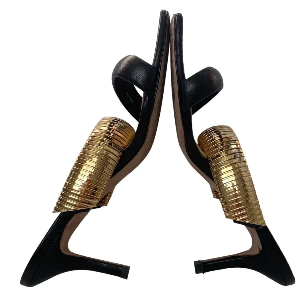 VERONICA BEARD Meena Heeled Sandals Size 9 Black Leather Gold Luxury Designer‎
